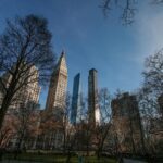 Beautiful view of New York City's famous skyline with skyscrapers and Central Park trees.